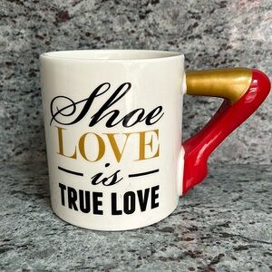 Shoe Love is True Love ceramic mug with red and gold high heeled shoe handle